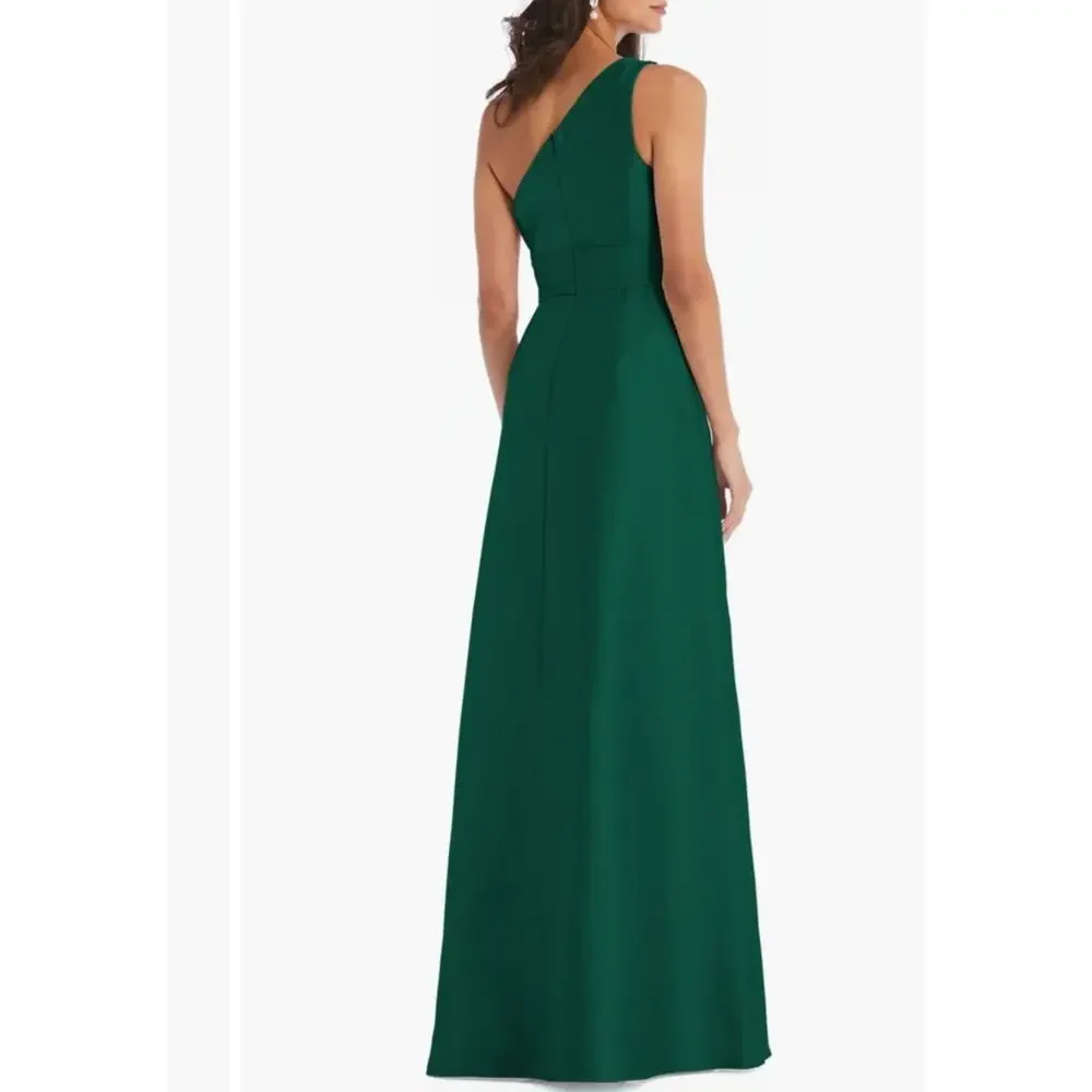 Alfred Sung One Shoulder Satin A-Line Gown Hunter Green Pockets NWT Plus Size 16 - Picture 2 of 9